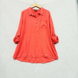 Jones & Co Jones NY 100% Linen‎ 1/4 Button-up Shirt Sz 2X Coral Roll Tab Sleeve